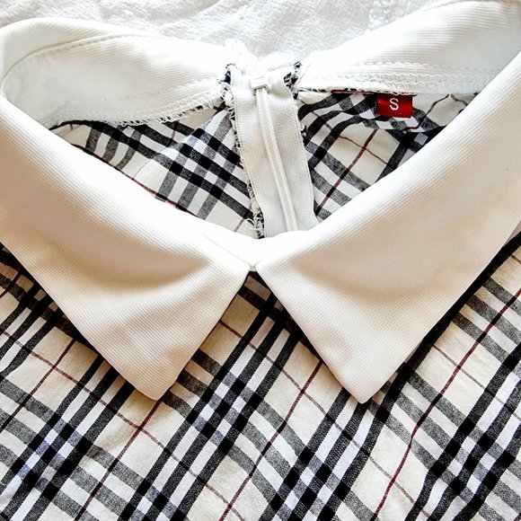 Black, tan and light cream plaid / tartan, 3/4 sleeve dress with white collar - Picture 6 of 6